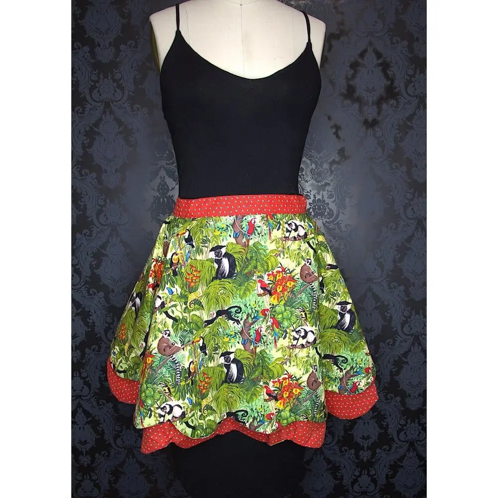 50s Pin Up Style Handmade Apron Red Polka Dot Jungle Theme Tie One Of A Kind